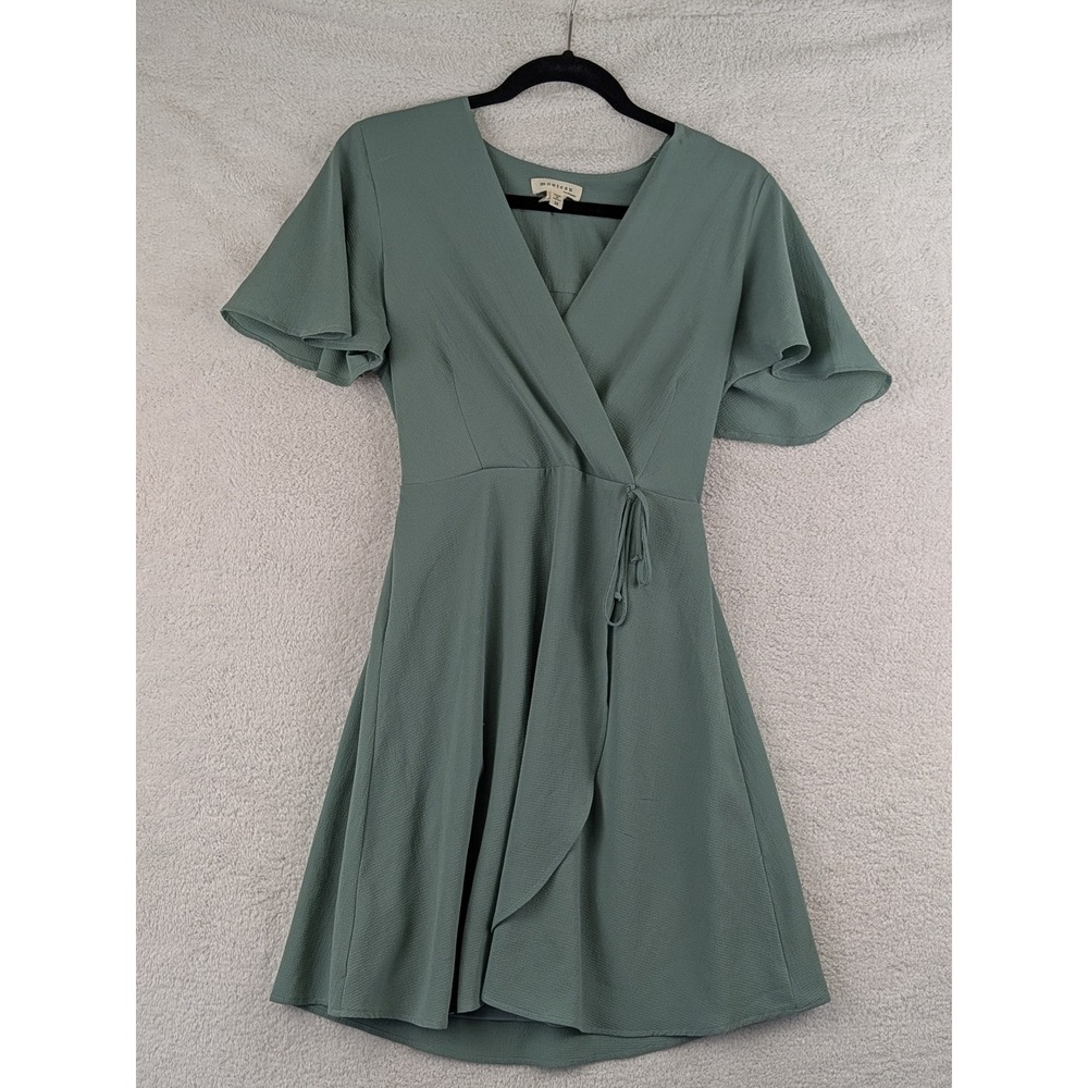 Monteau Los Angeles Womens Sage Green Flutter Sleeve Wrap Mini Dress Size M
